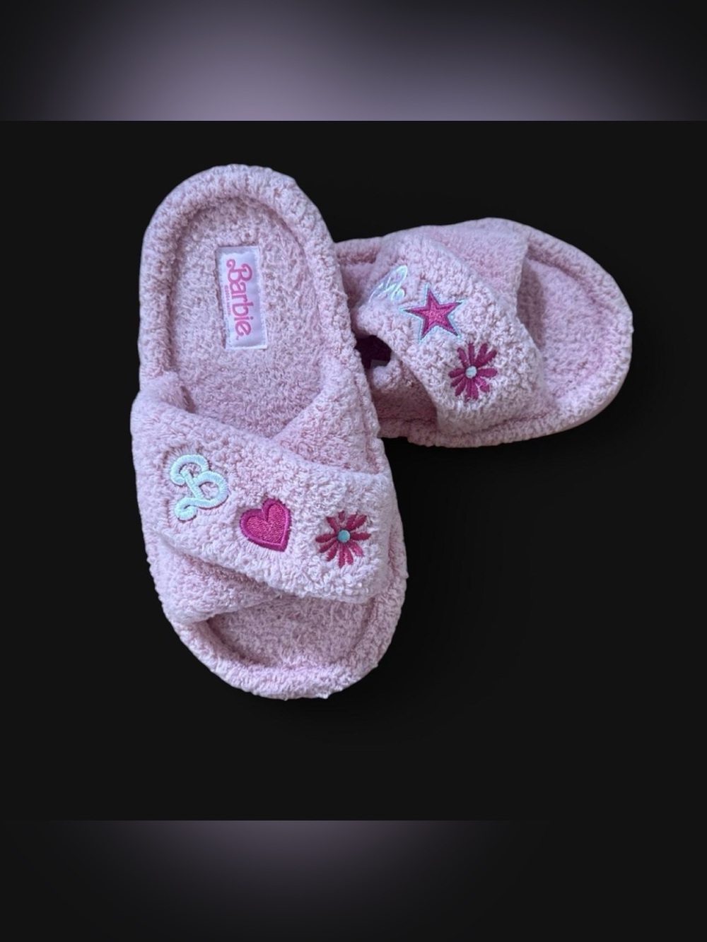 Barbie Pink Plush Slide Sandals with Embroidered Charms
